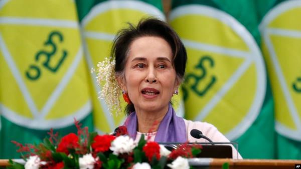 FILE - Myanmar's then-leader Aung San Suu Kyi delivers a speech in Naypyitaw, Myanmar, on Jan. 28, 2020. 